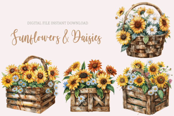 Brighten Your Designs with Watercolour Sunflowers Basket Clipart