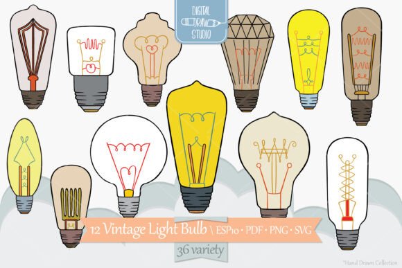 Edison Light Bulb Clip Art: 36 Hand-Drawn Vintage Doodles