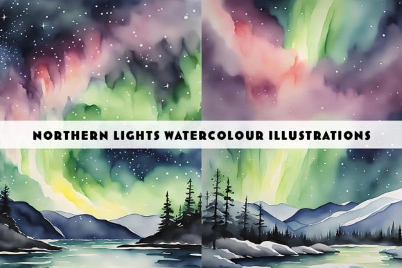Northern Lights Watercolour Duo: A Celestial Design Asset