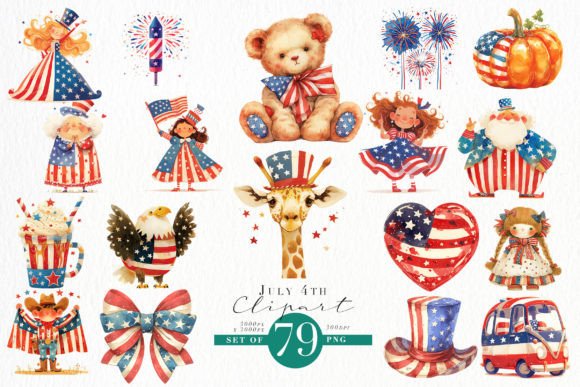 Vibrant 4th July Watercolour Clipart for Festive Designs